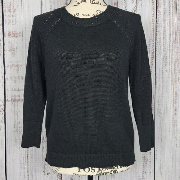 Loft Medium Black Ramie Knit Crotchet Classic 3/4 Sleeve Crew Neck Sweater - Picture 2 of 7